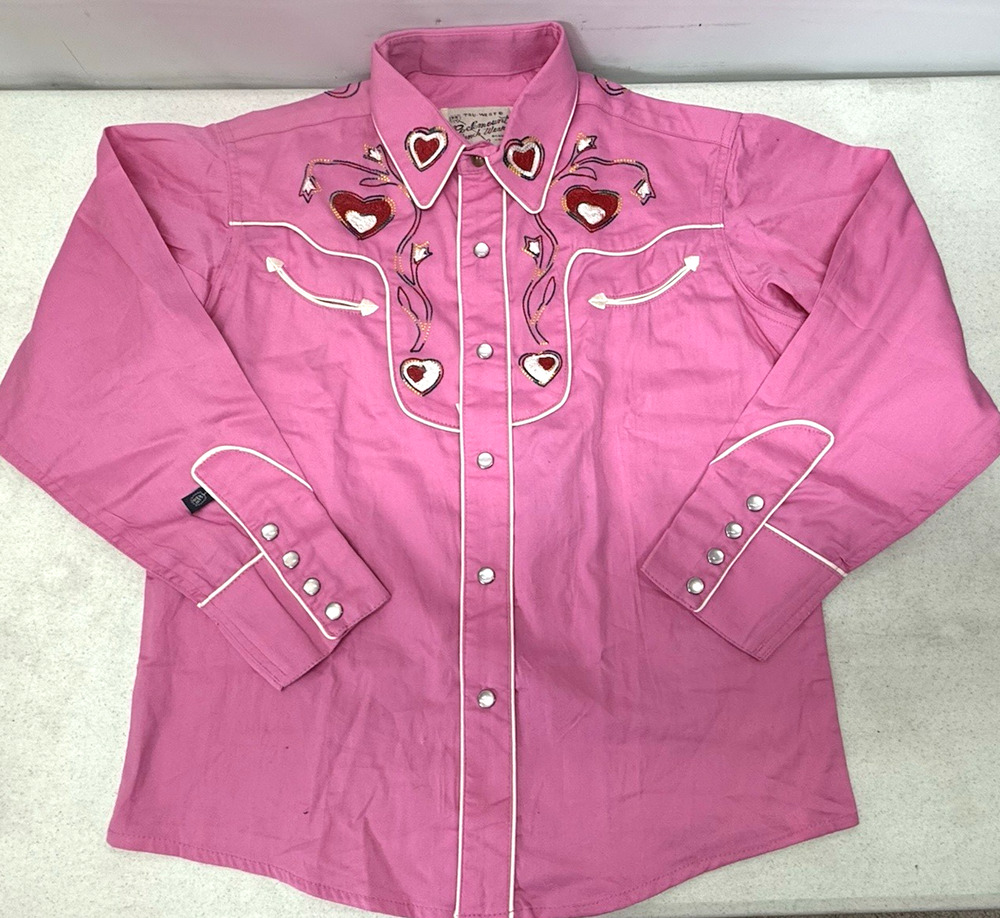 Rockmount Ranch Wear Kids Pink Hearts Embroider Pearl Snap Western Shirt Large